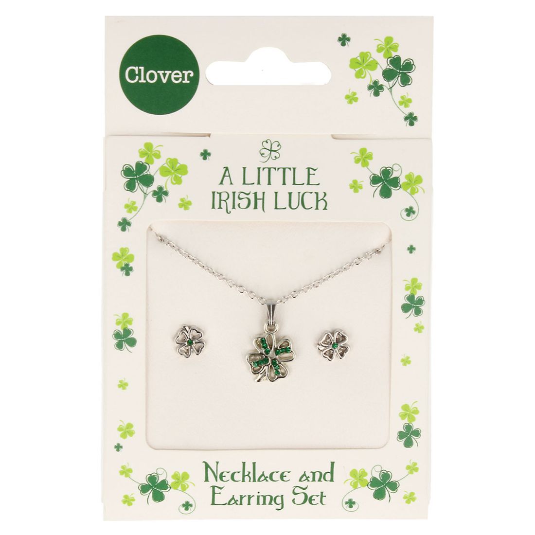 A Little Irish Luck Green Diamante Petal Four-leaf Clover Jewellery Set