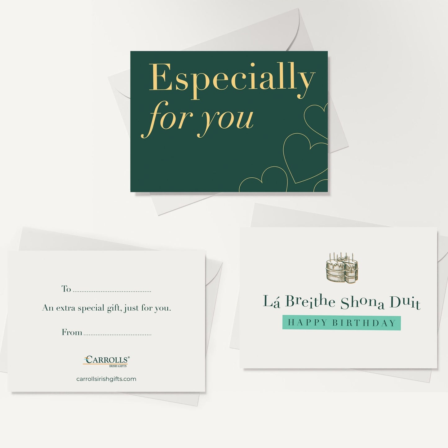 Three greeting cards with envelopes, including birthday and special message cards