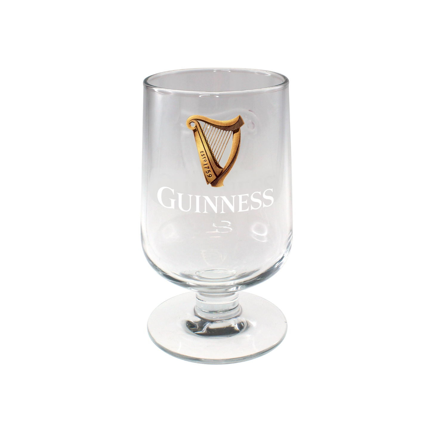 Clear Guinness Victoria stem glass with a gold harp emblem and GUINNESS branding