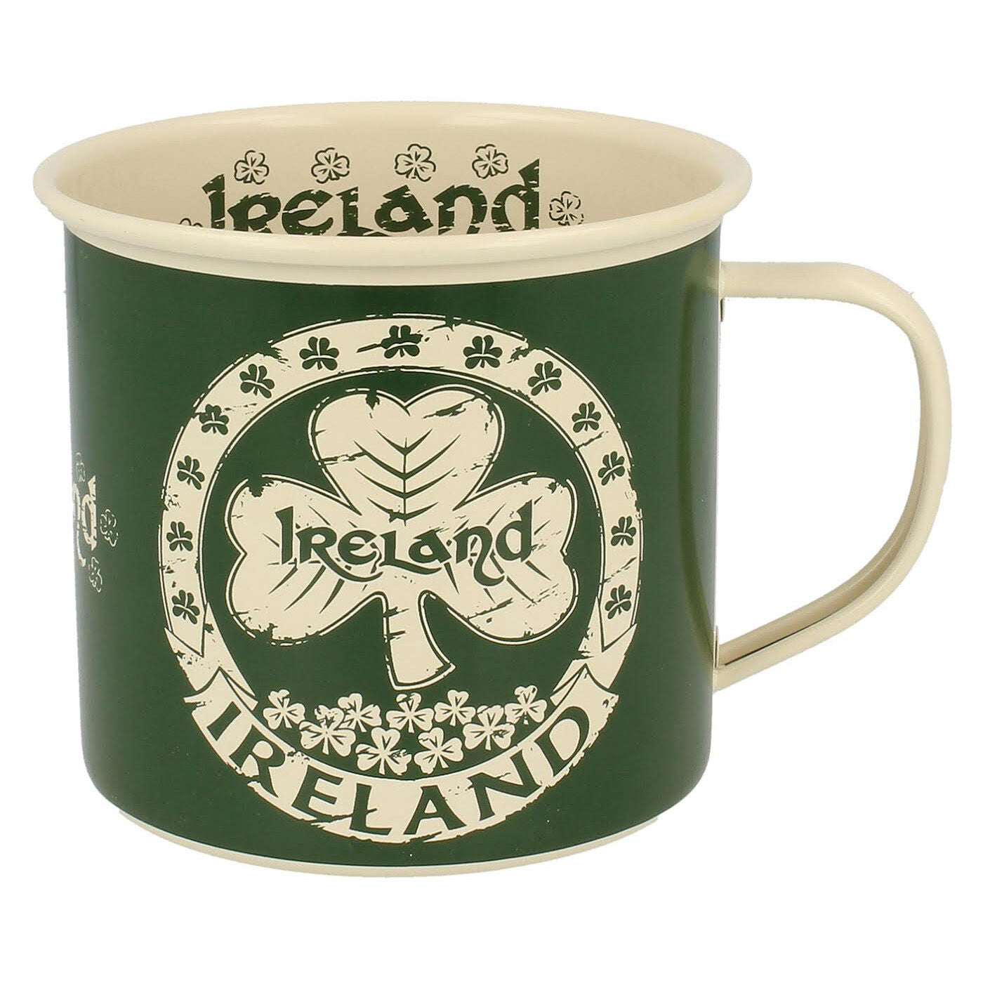 Shamrock Designed Enamel Mug With Ireland Text Green