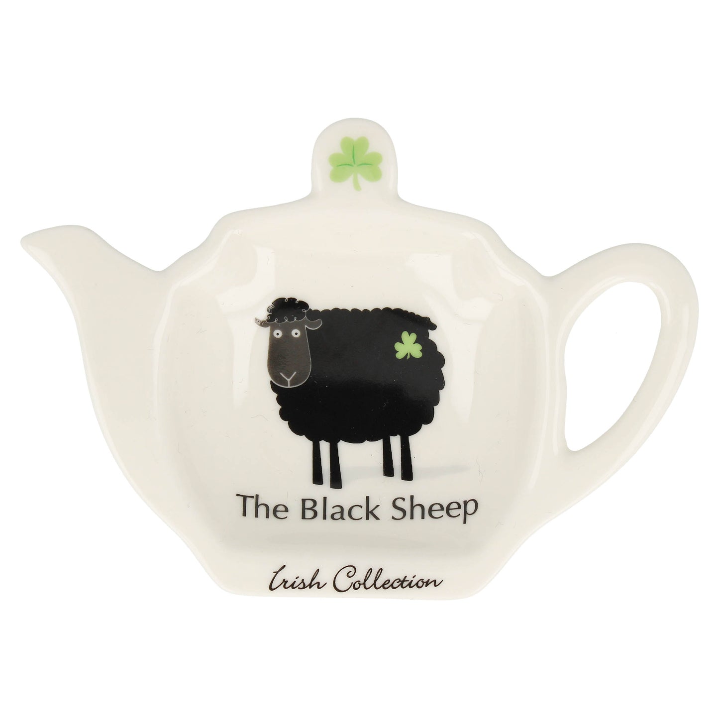 White teapot shaped tea bag holder featuring a black sheep and a green shamrock.