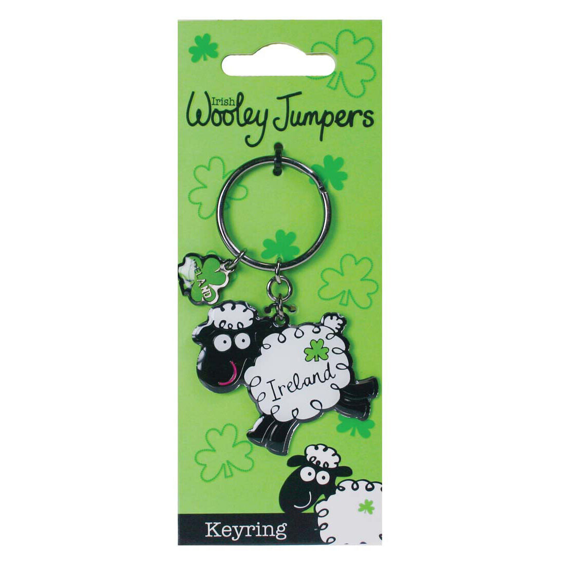 Black and white sheep keychain with shamrock accent on Ireland themed packaging.