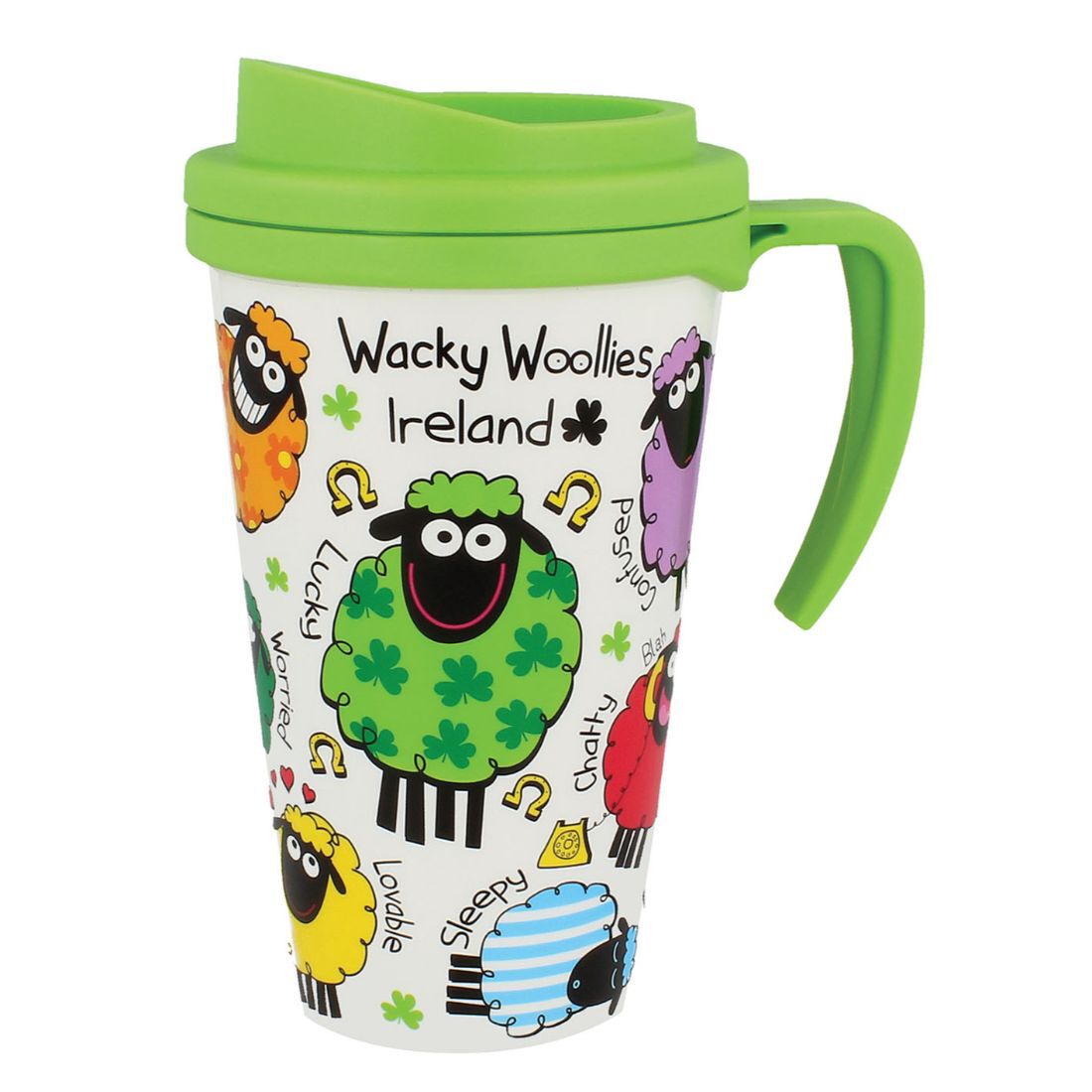 Wacky Woolies Ireland Colorful Travel Mug With Handle & Green Top