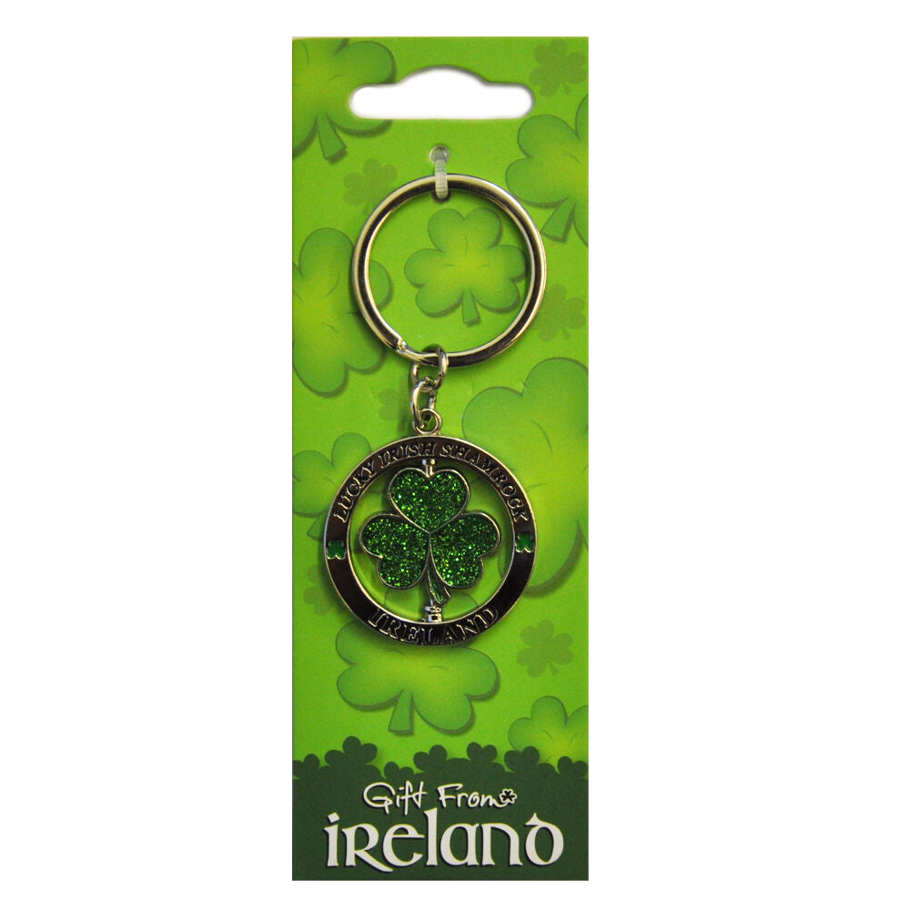 Metal Spinner Keychain With Green Glitter Lucky Shamrock
