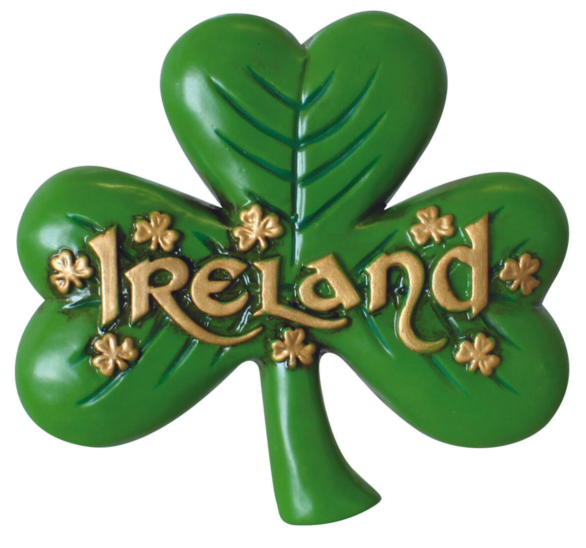 Antique Magnet Of Large Shamrock & Gold Ireland Text & Small Shamrock Design