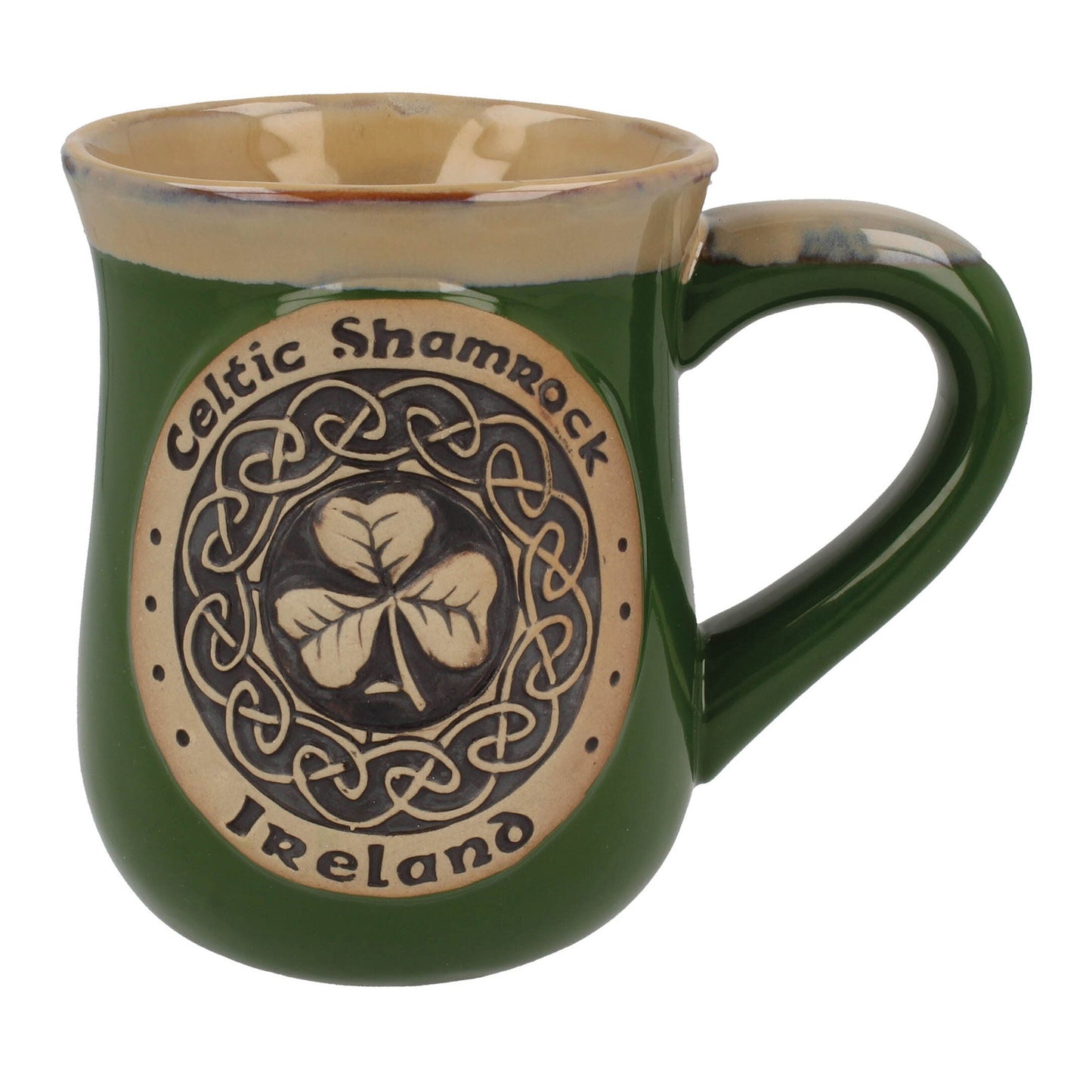 Irish Designed Pottery Mug With A Celtic Shamrock Design Green