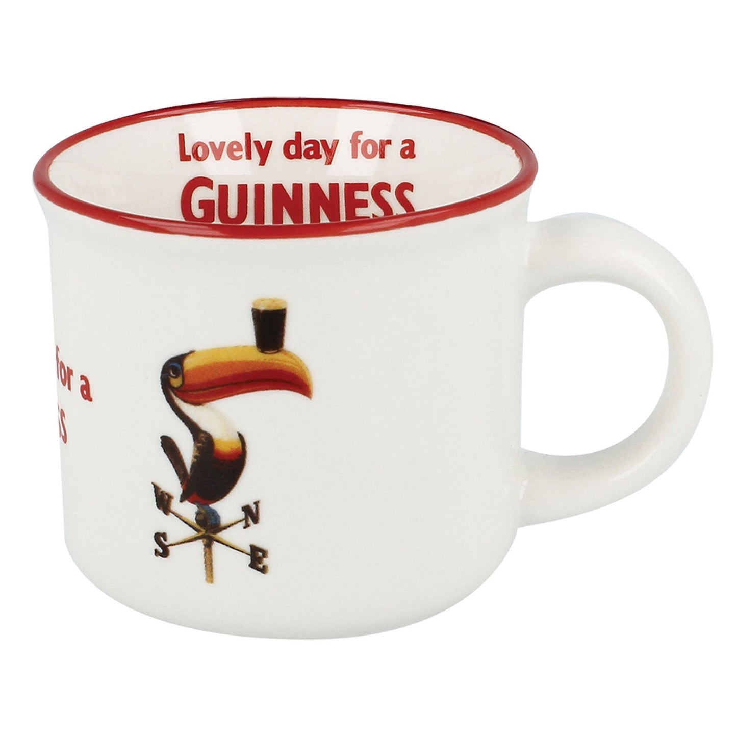 White mug with red rim, toucan illustration, and Guinness text inside