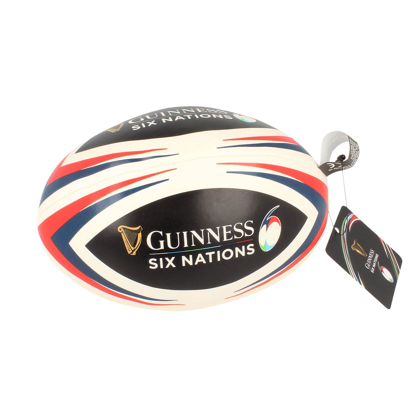 Guinness Six Nations soft rugby ball with white base and red blue and green curved stripes.