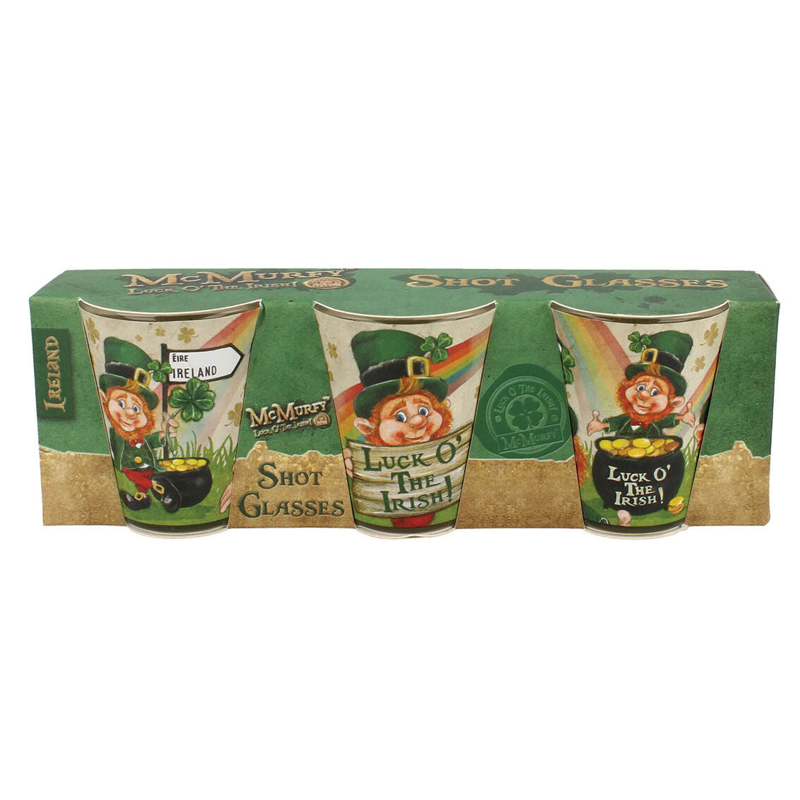 Mcmurfy Luck O' The Irish Leprechaun Designed 3 Pack Of Shot Glasses