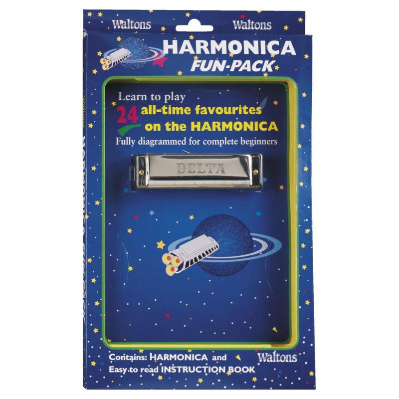 Waltons Harmonica Fun-Pack packaging in a blue space themed design with a metal harmonica displayed