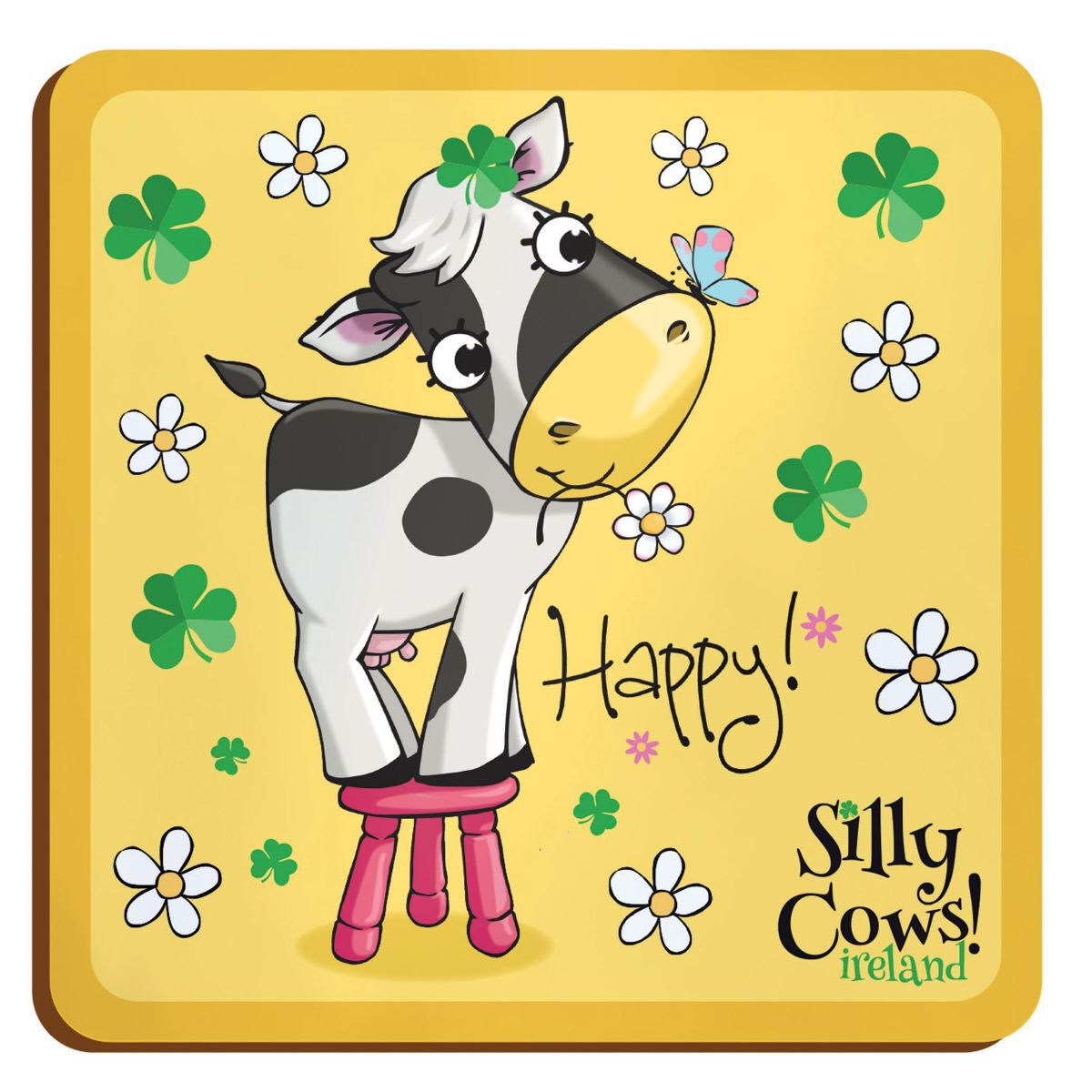 Cartoon cow with a butterfly on its nose standing on a pink stool
