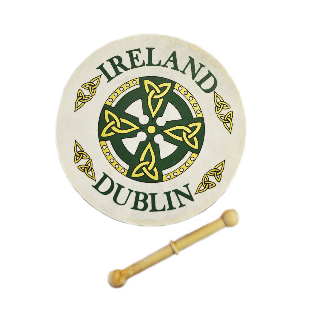 8 inch bodhran featuring Dublin Celtic cross motif with Ireland text and a wooden beater.
