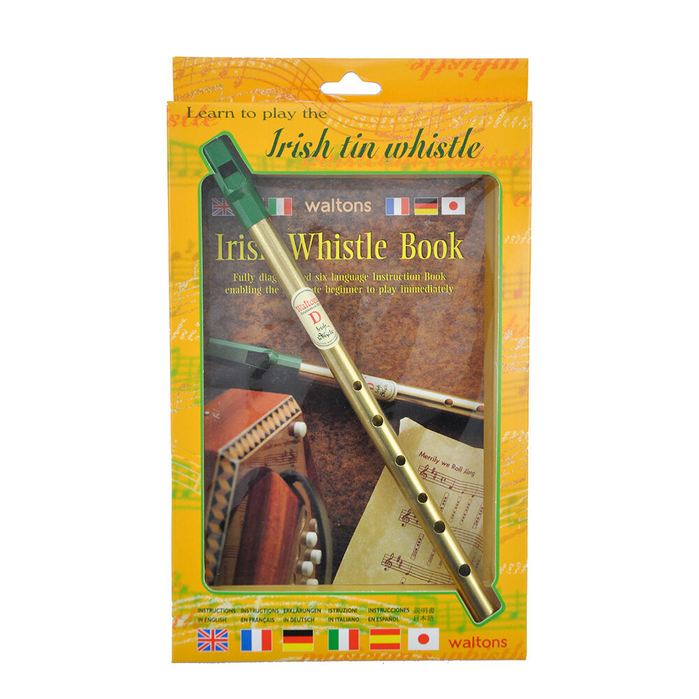 Waltons Irish tin whistle in D book packaging with a whistle resting on the cover