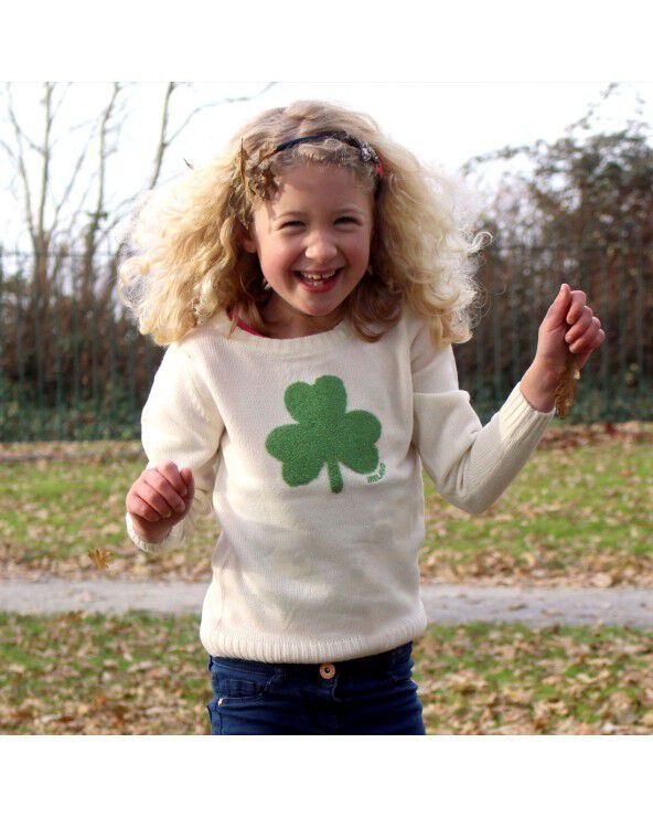 Kids Fluffy Shamrock Crew Neck Cream Sweater
