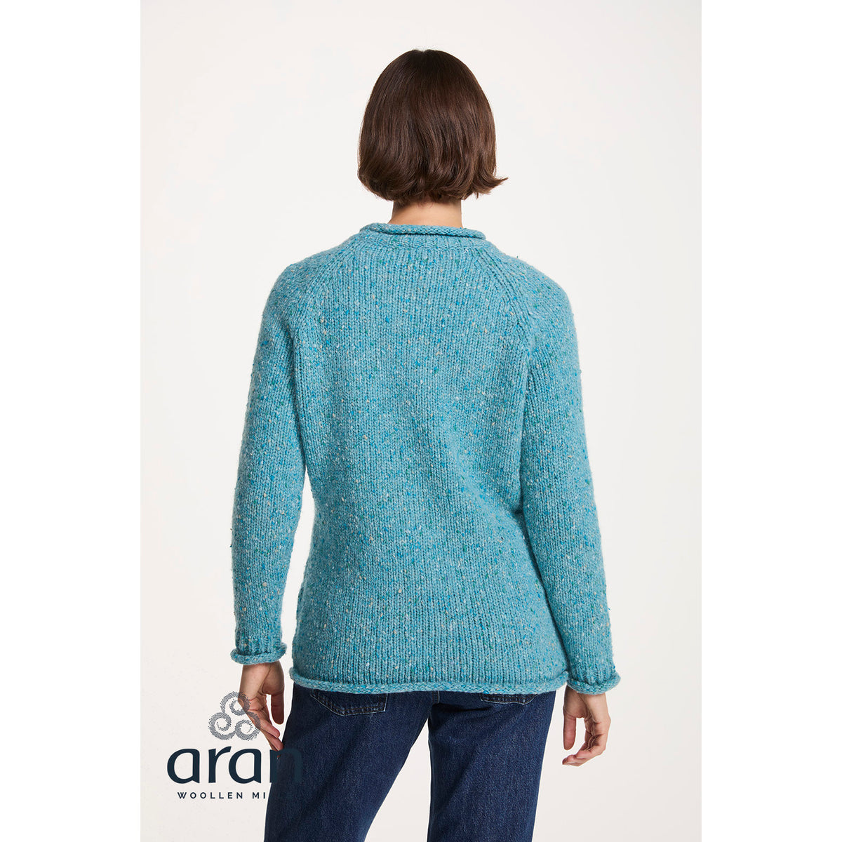 Women's Aqua Blue Donegal Tweed Raglan Roll Neck Sweater
