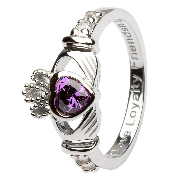 Hallmarked Sterling Silver Claddagh February Birthstone Ring