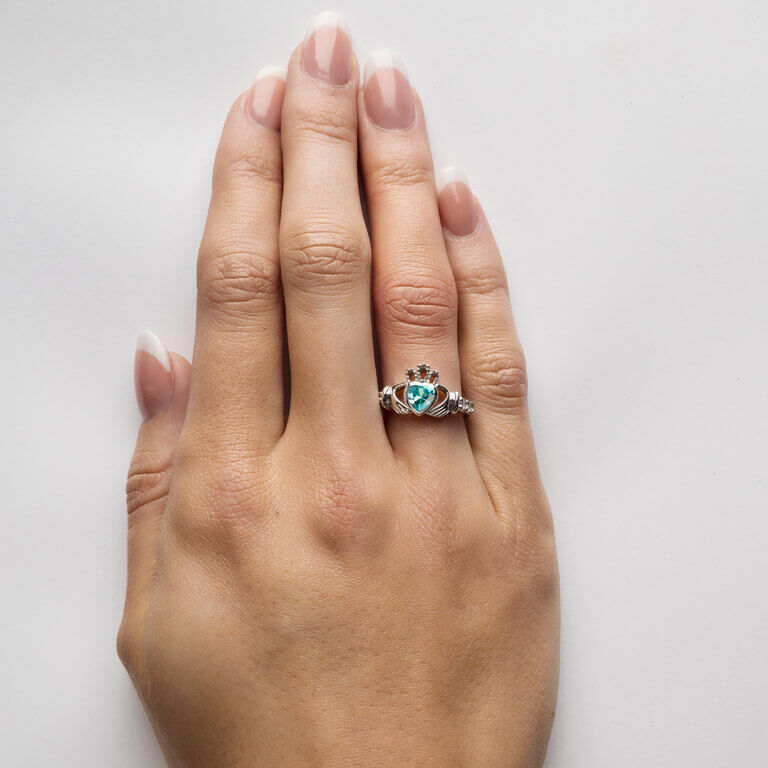 Hallmarked Sterling Silver Claddagh Birthstone Ring March
