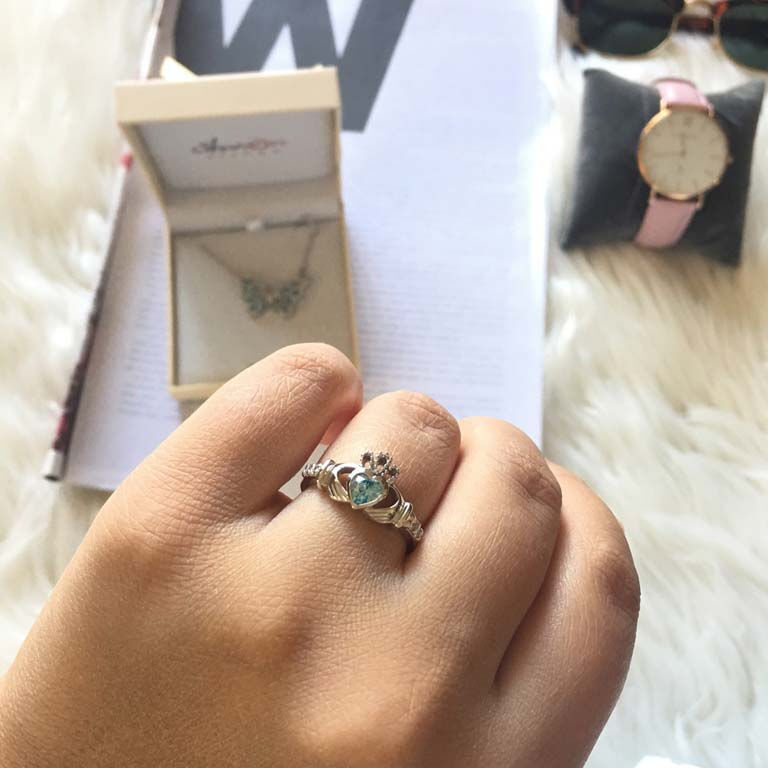 Hallmarked Sterling Silver Claddagh Birthstone Ring March