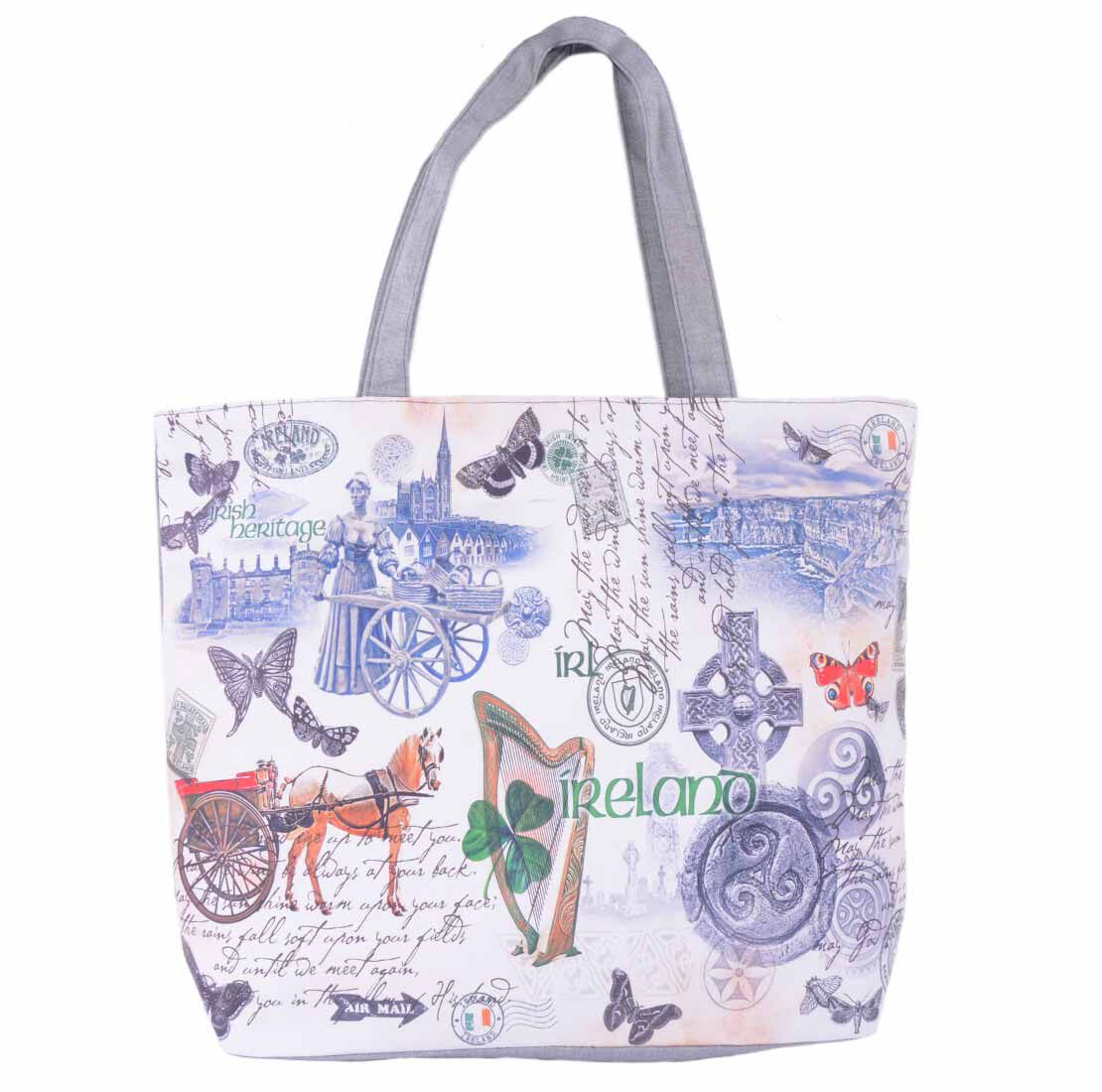 White tote bag featuring Irish landmarks and symbols in blue and purple