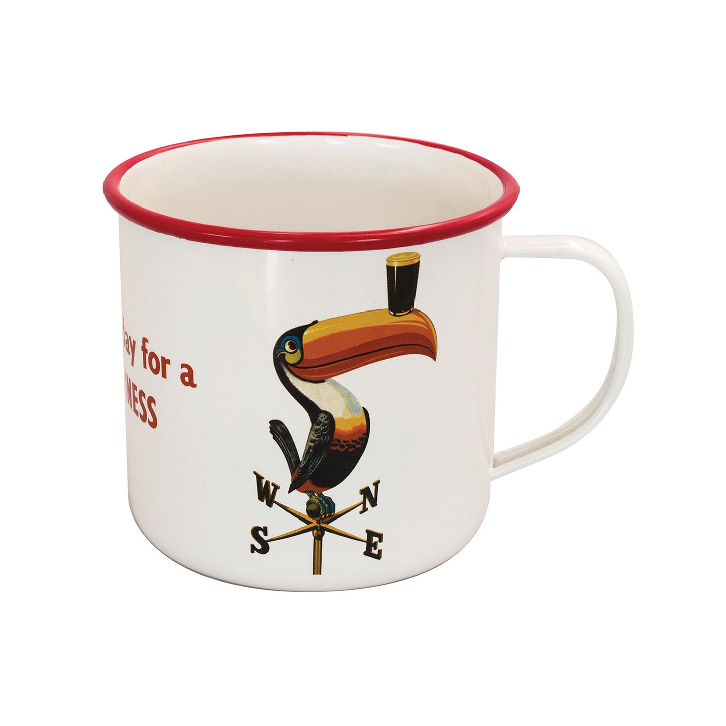 Guinness enamel mug with a red rim featuring the toucan weathervane and compass rose design.
