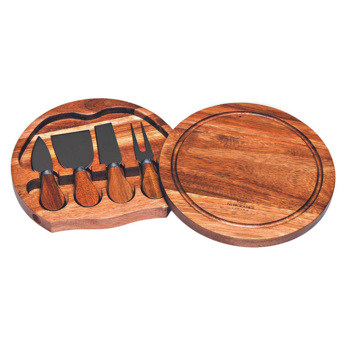 Newgrange round wooden cheese board with a five piece knife set neatly stored in a curved slot