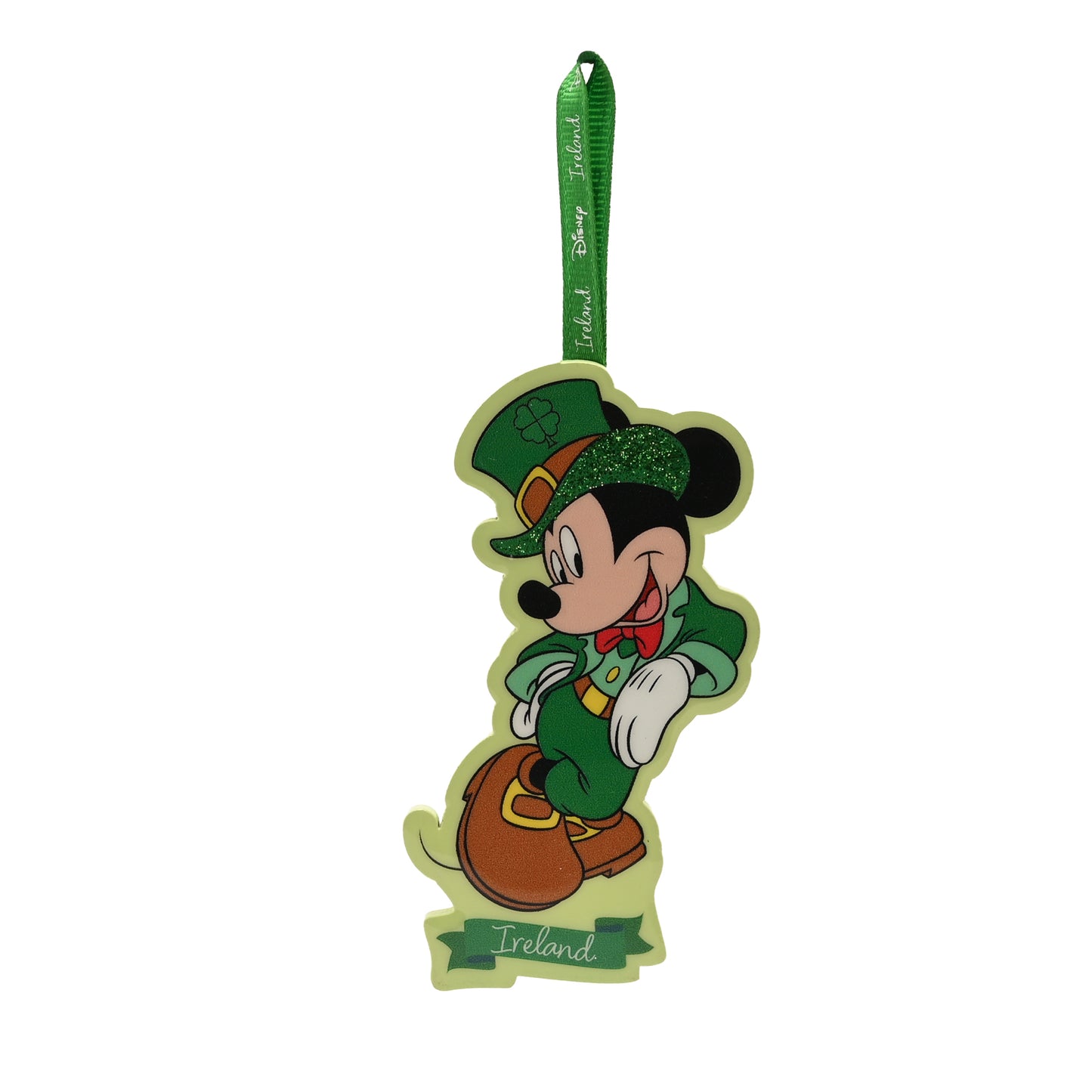 Mickey Mouse MDF plaque ornament with a green leprechaun outfit and a green ribbon hanger