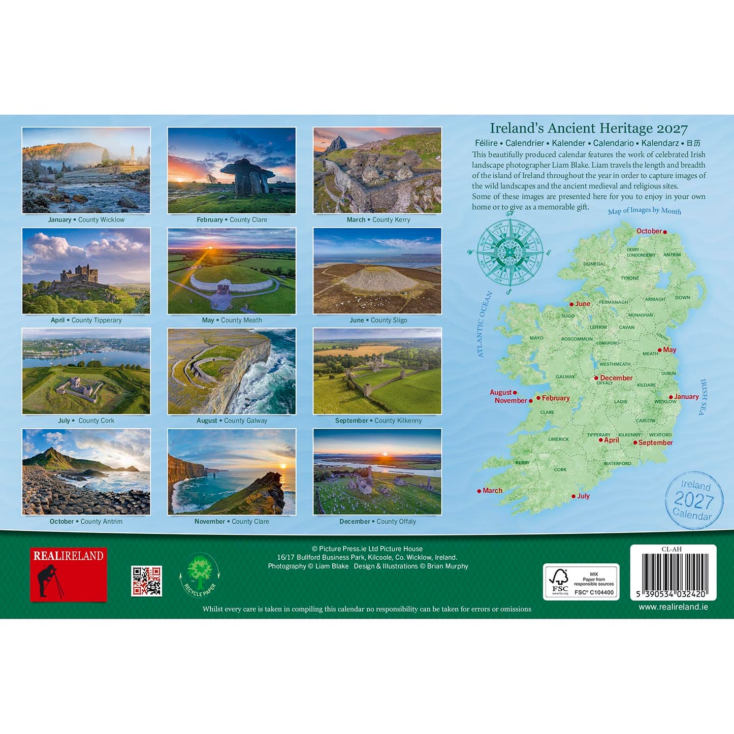 Back of the Ireland's Ancient Heritage 2027 calendar with monthly thumbnail images and a map of Ireland.