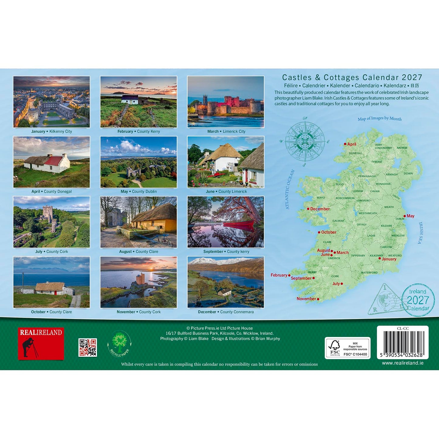 Back cover with a grid of Irish castles and cottages beside a map of Ireland for Castles & Cottages Calendar 2027