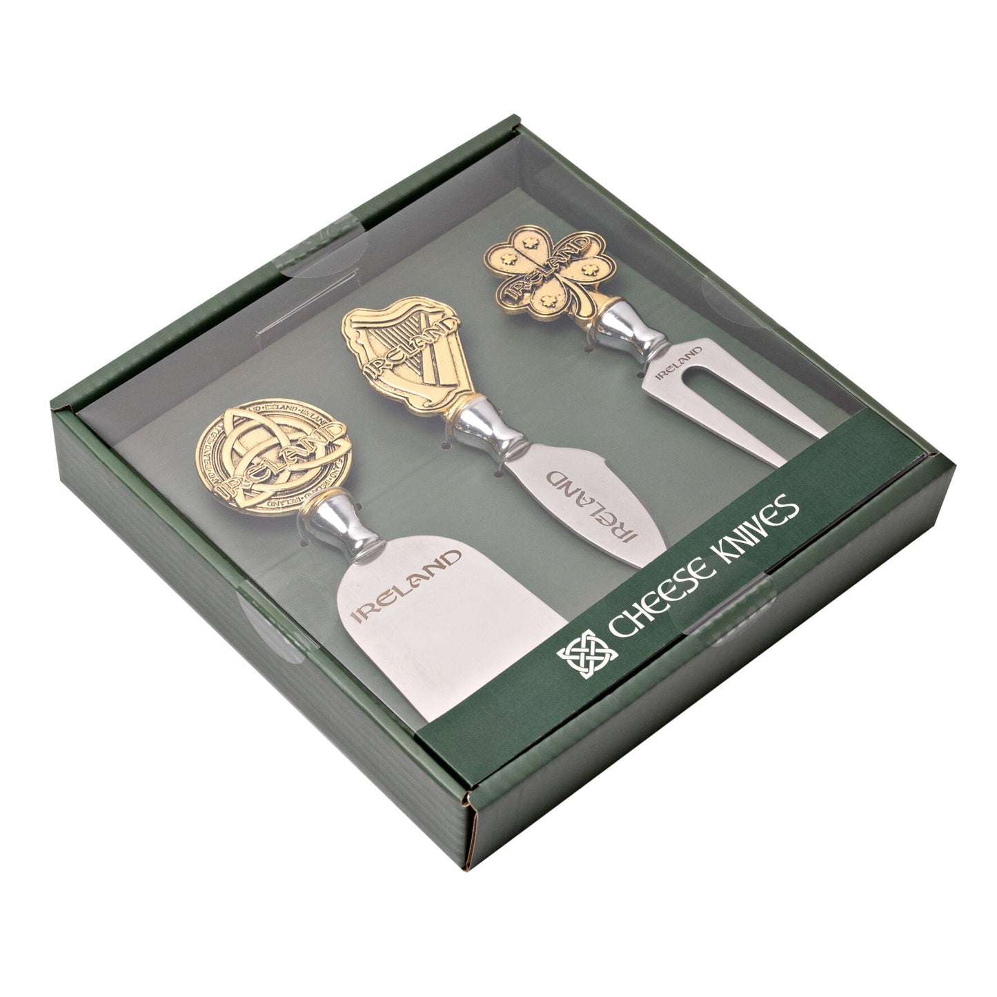 Celtic Ireland Designed 3 Pack Of Cheese Knives Shamrock Harp & Trinity Knot Design
