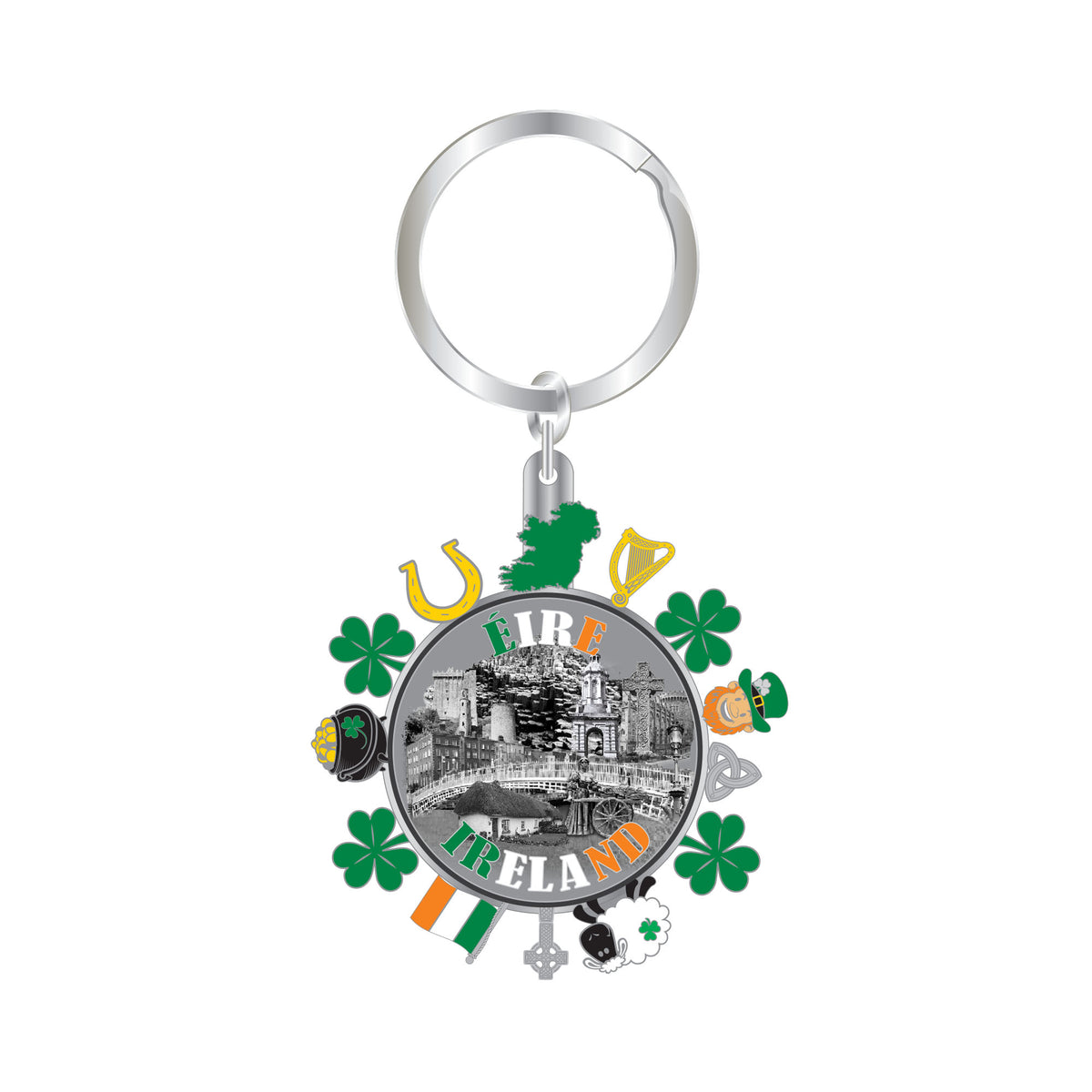 Ireland spinning metal keyring with round medallion showing a grayscale cityscape and ÉIRE IRELAND text surrounded by shamrocks and Irish symbols.
