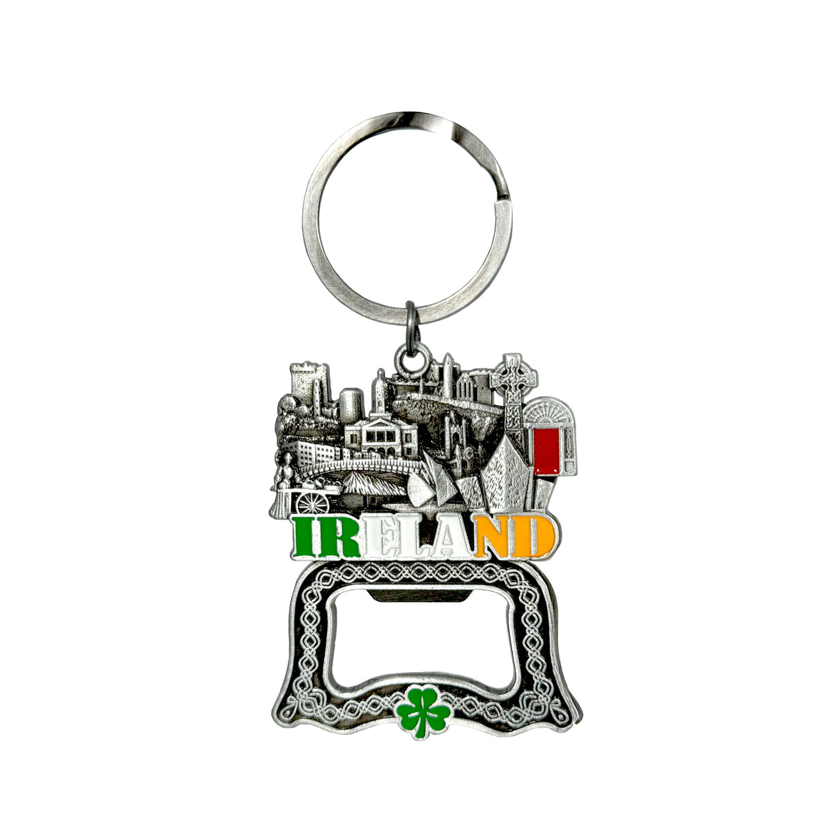 Ireland Skyline Metal Bottle Opener Keyring with city silhouette and IRELAND lettering plus a shamrock