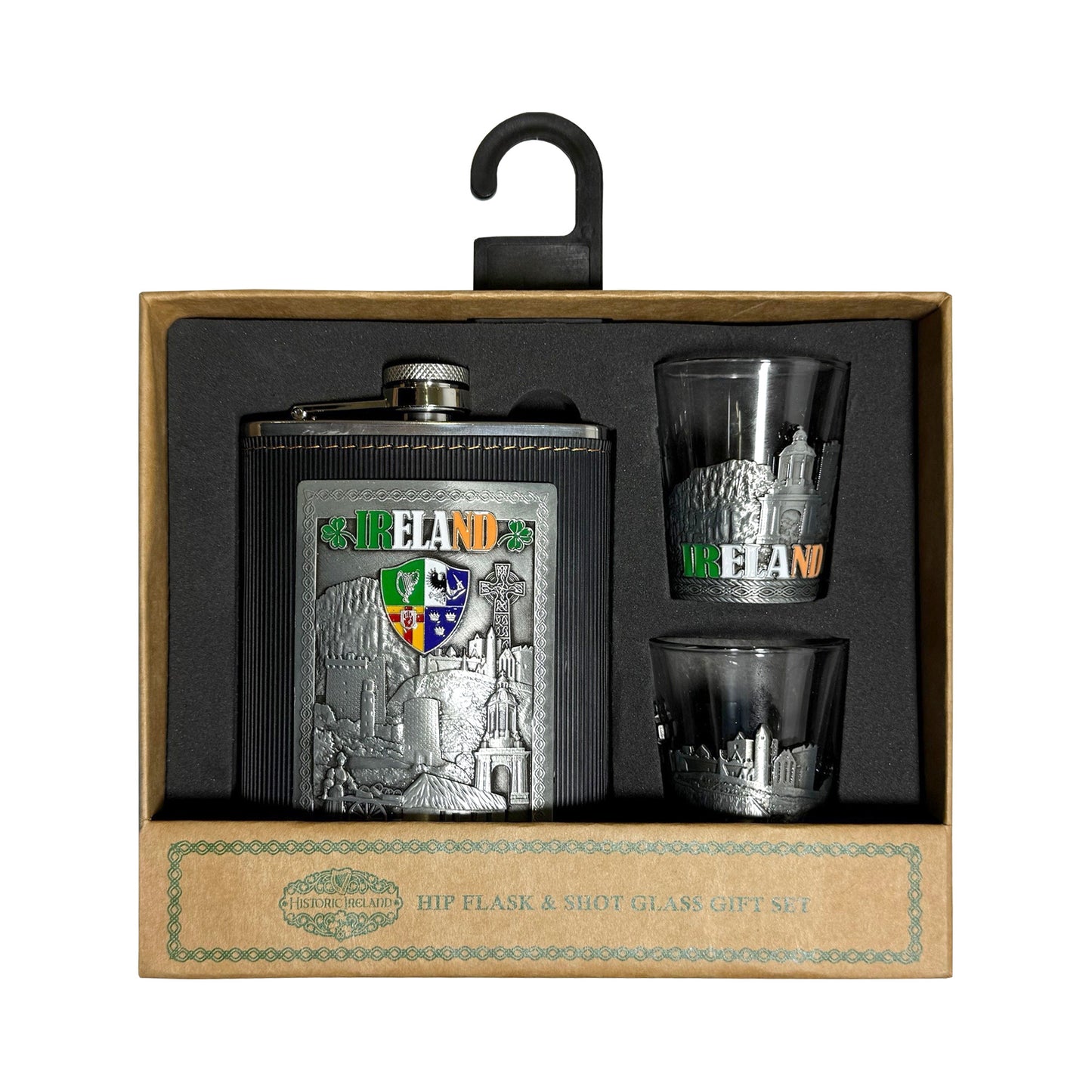 Hip flask and two metal shot glasses gift set with Ireland engravings in a brown box