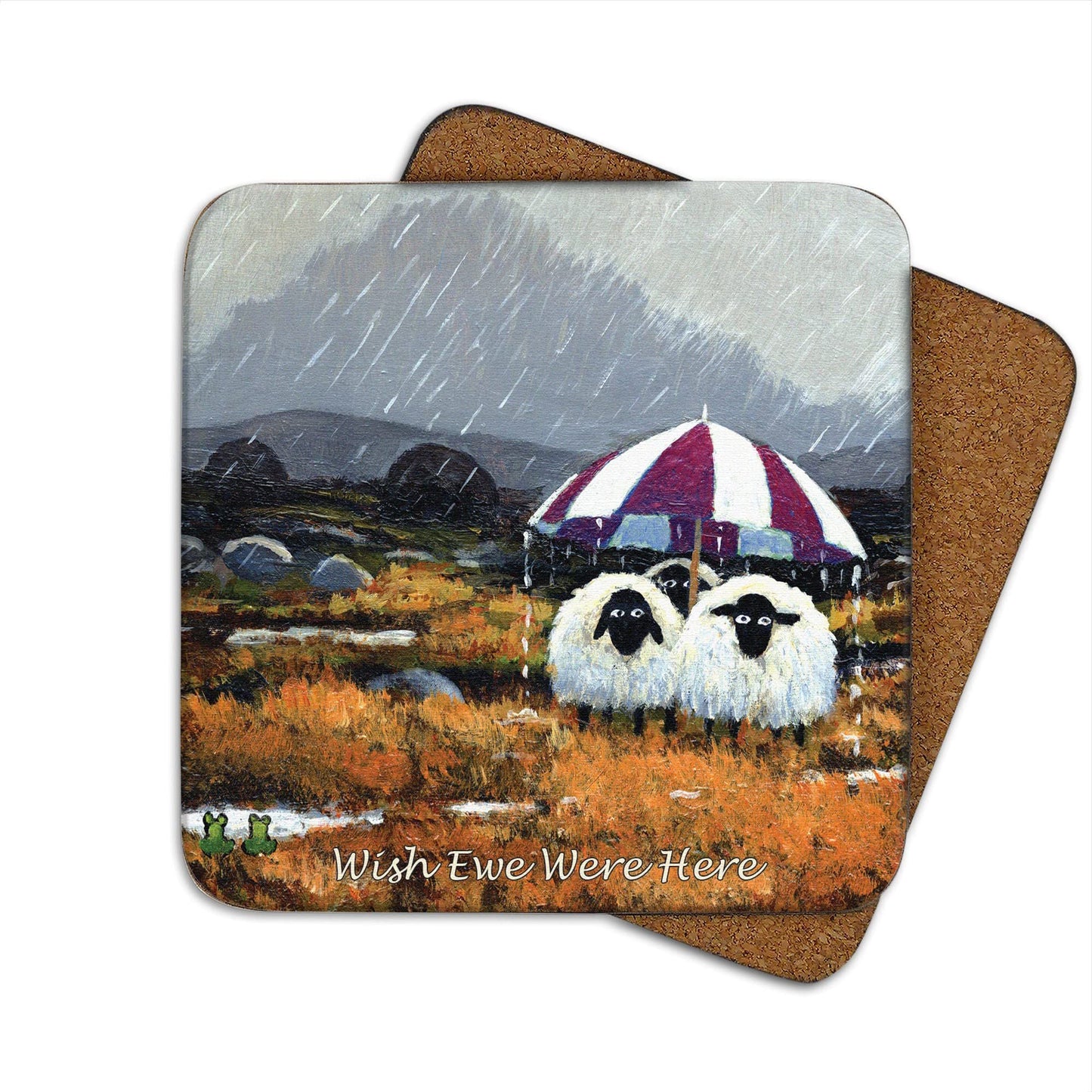 Three sheep standing under a red and white umbrella in rainy landscape