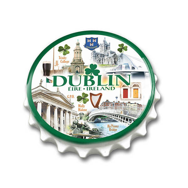 Famous Landmarks Of Dublin City Round Bottle Opener With Green Text