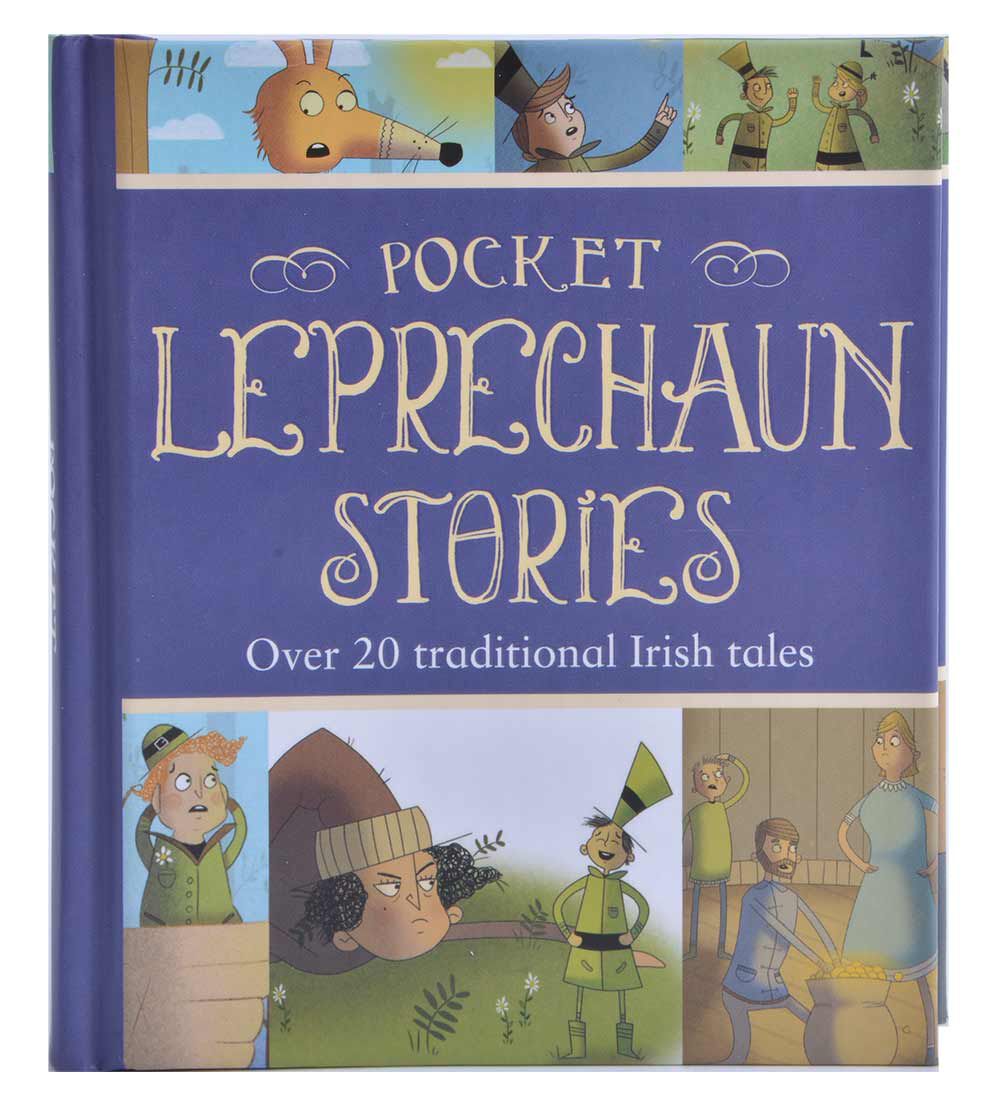 Purple book cover for Pocket Leprechaun Tales with illustrated panels and the subtitle Over 20 traditional Irish tales.