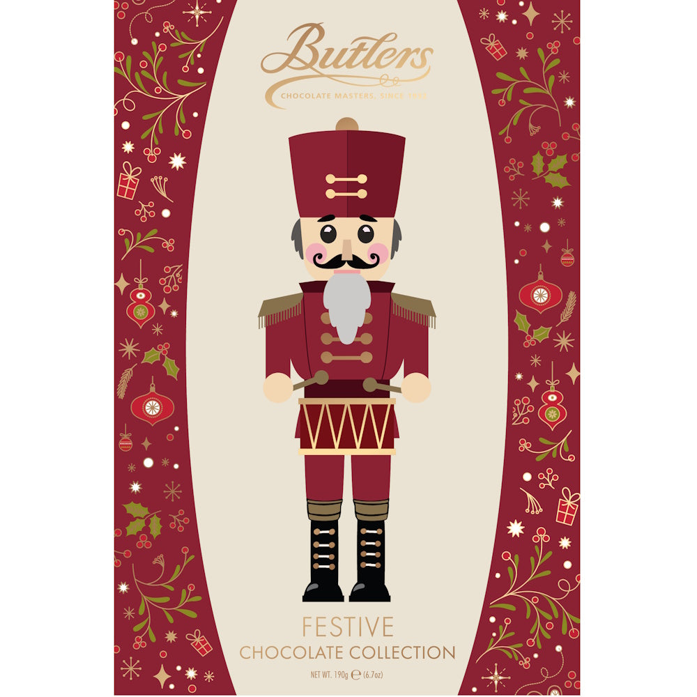Butlers Festive Nutcracker chocolate collection box with a nutcracker figure on a cream panel and red decorative borders.