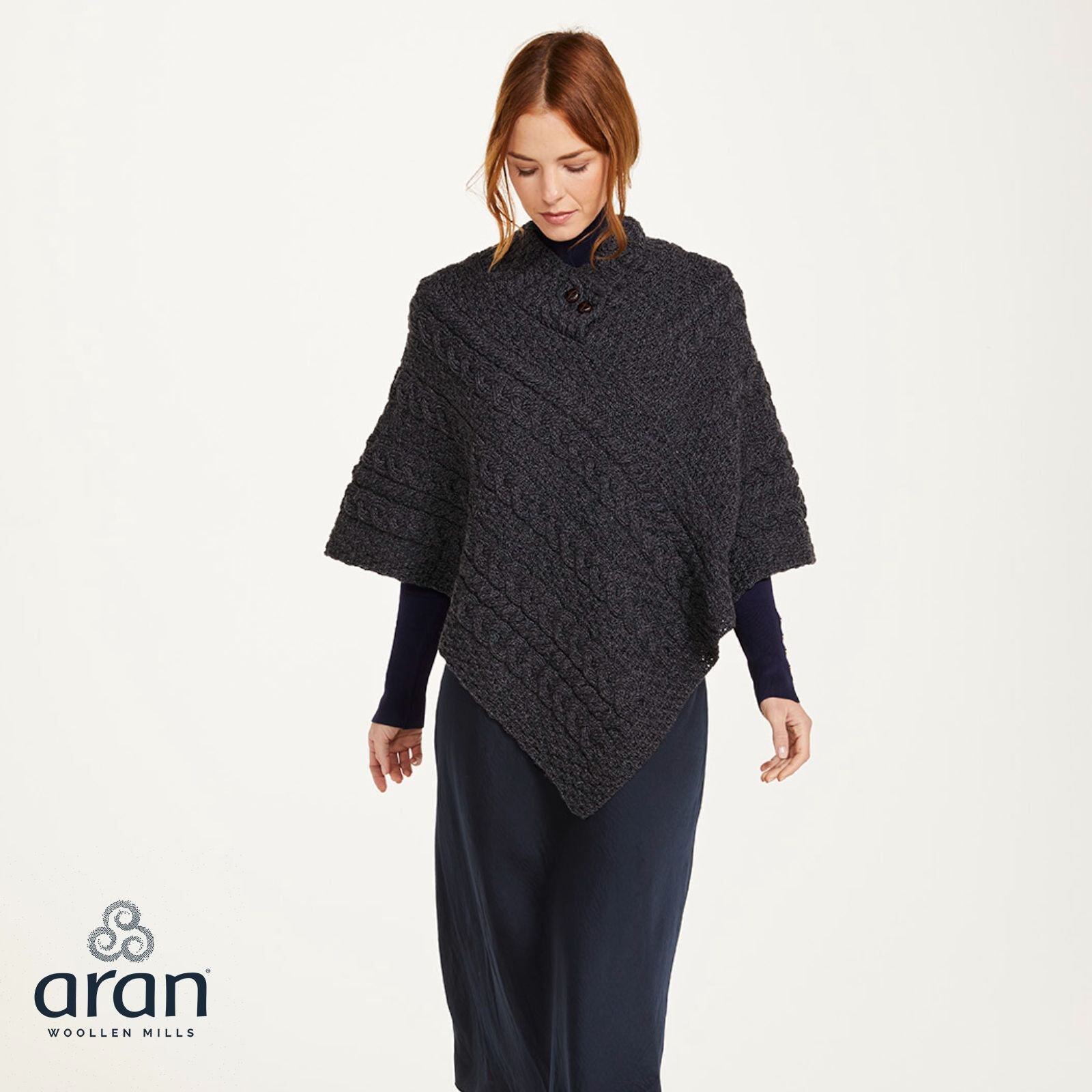 Ladies Aran Merino Wool Black Poncho