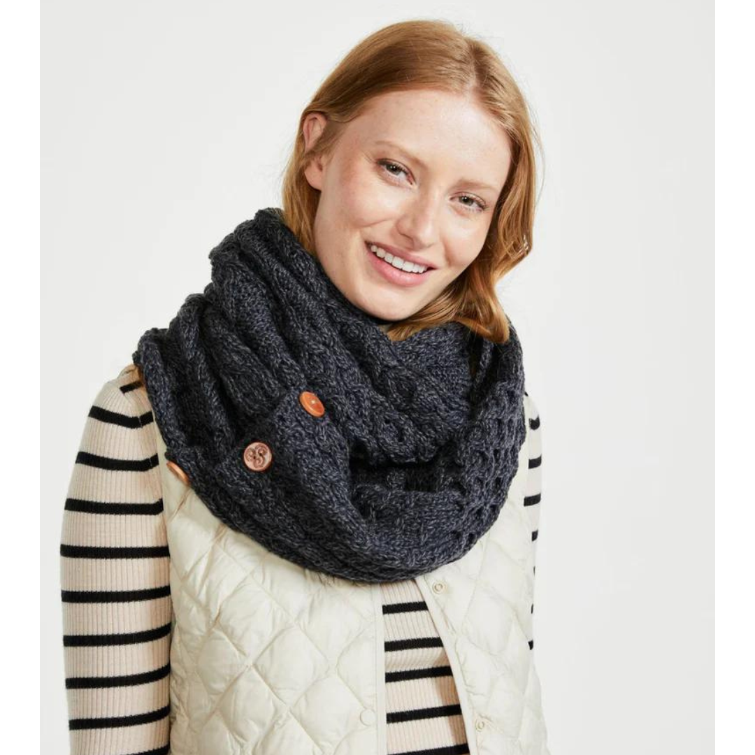 Ladies Buttoned Aran Black Snood Scarf