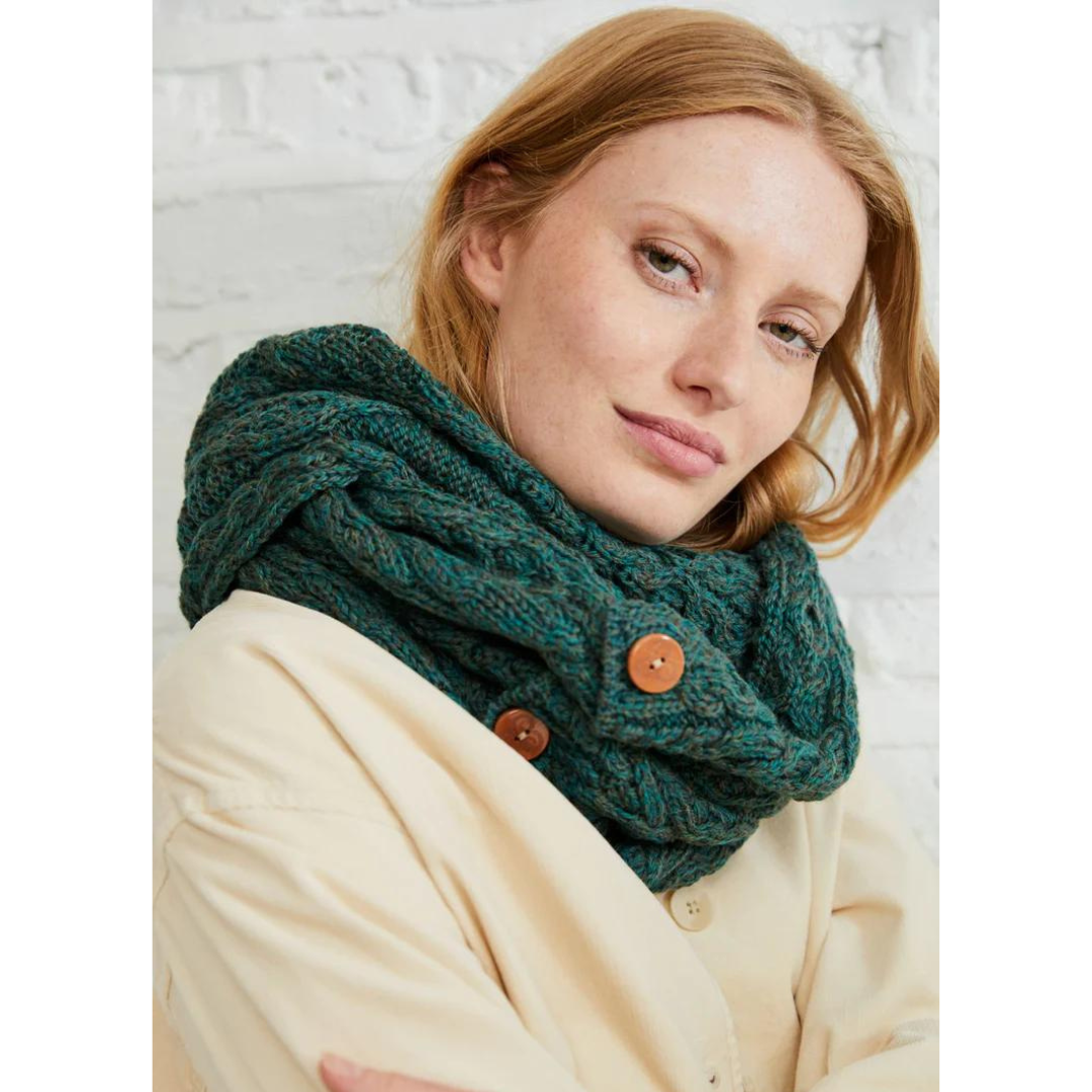 Ladies Buttoned Aran Connemara Green Snood Scarf