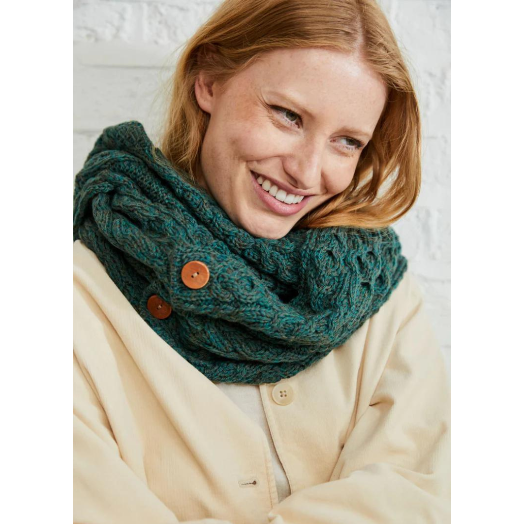 Ladies Buttoned Aran Connemara Green Snood Scarf