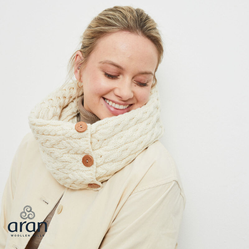 Ladies Buttoned Aran Natural Snood Scarf