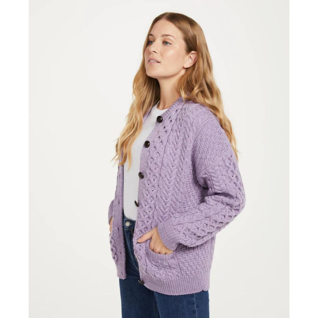 Ladies Aran Lumber Lilac Cardigan