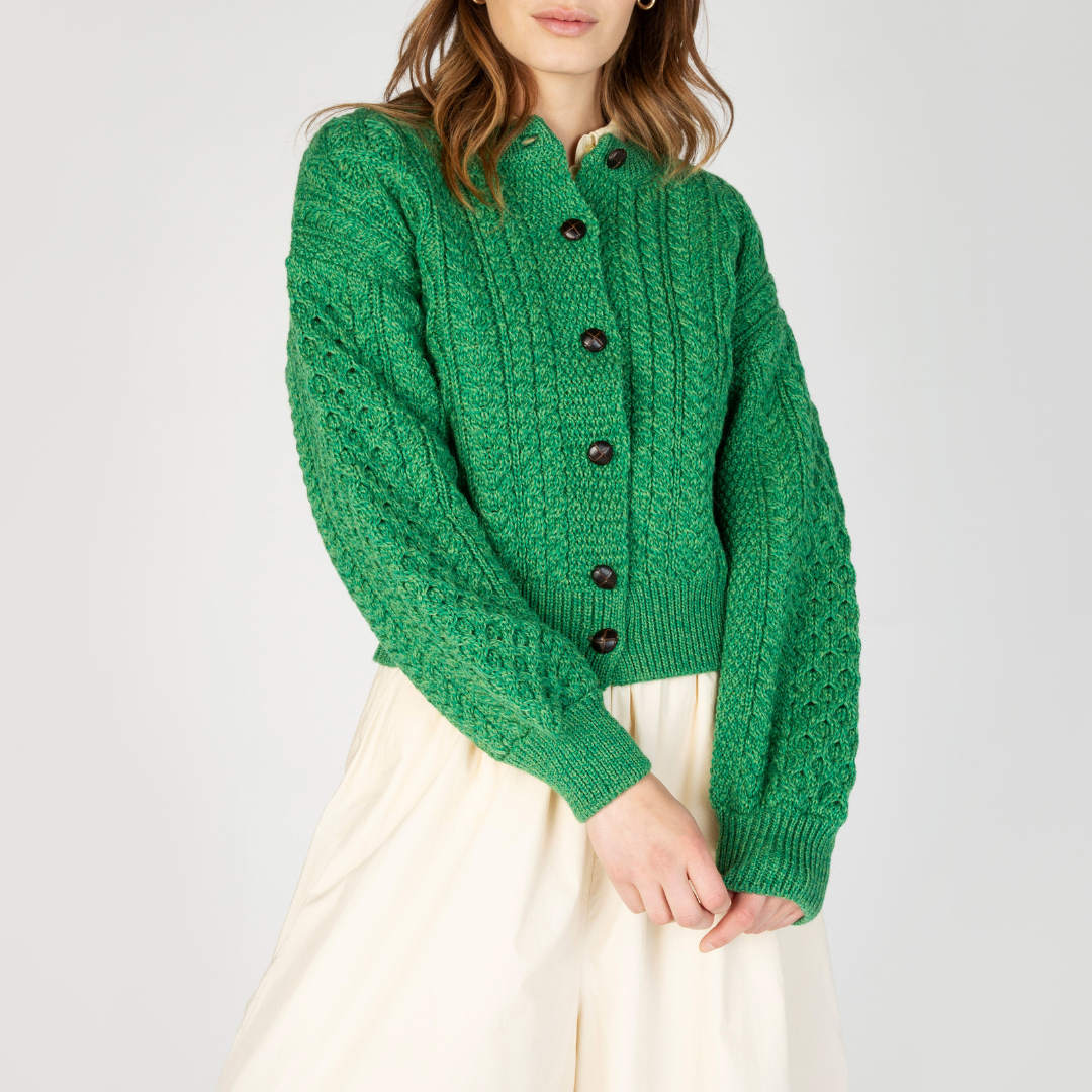 Clover Cropped Aran Cardigan Green