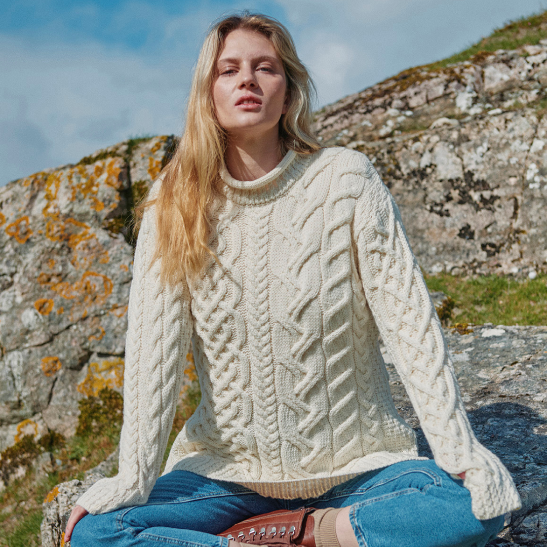 Ladies Asymmetrical Roll Neck Cream Sweater