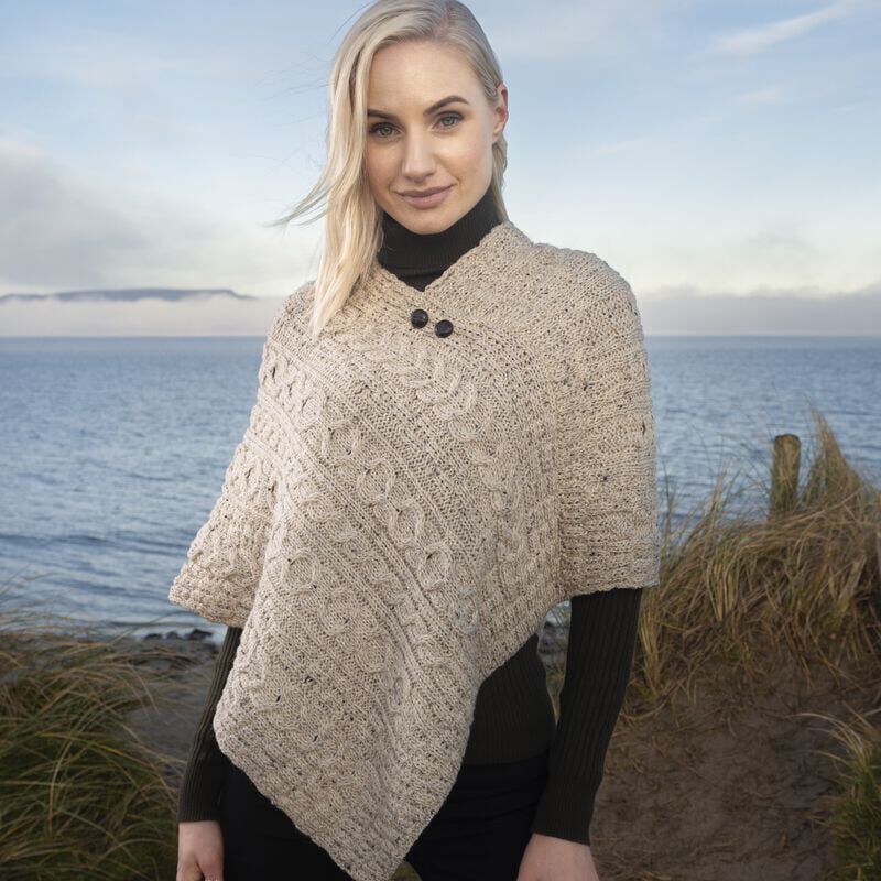 Ladies Aran With Button Detail Oatmeal Poncho