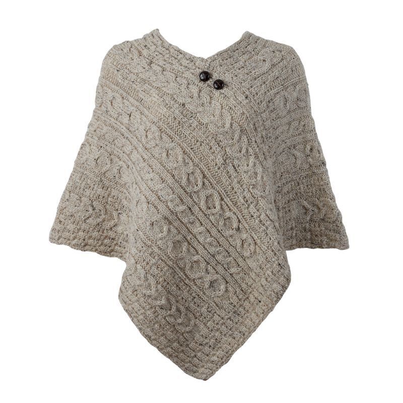 Ladies Aran With Button Detail Oatmeal Poncho