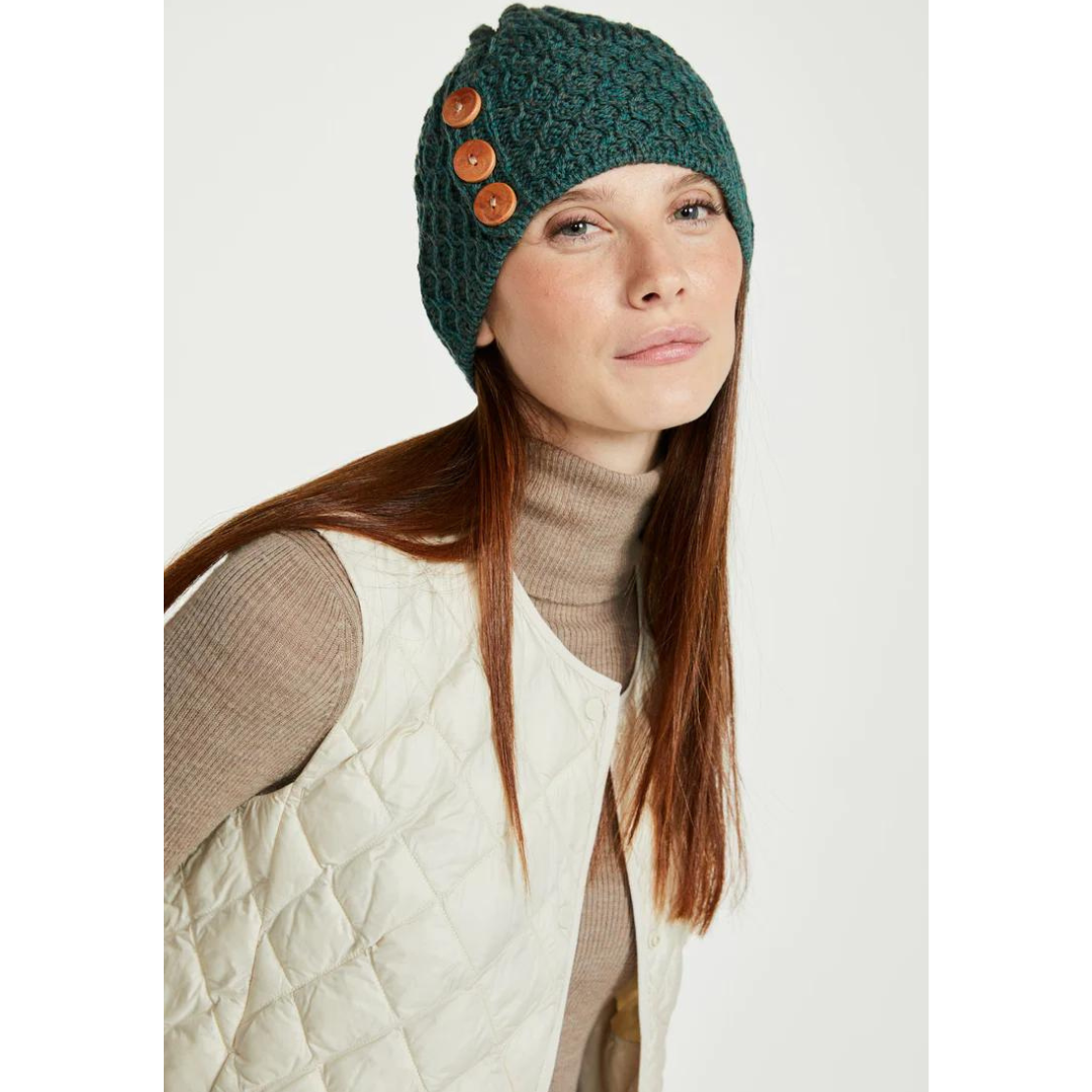 Ladies Aran Bauble Forest Green Hat