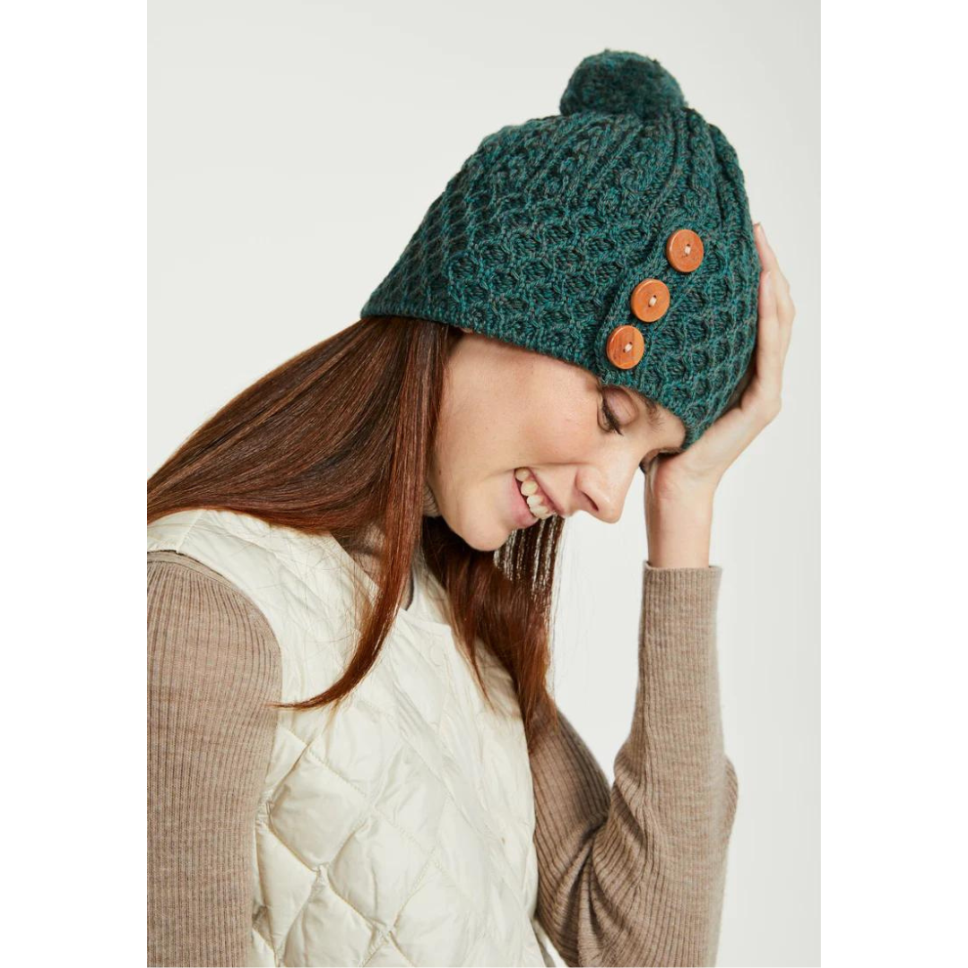 Ladies Aran Bauble Forest Green Hat