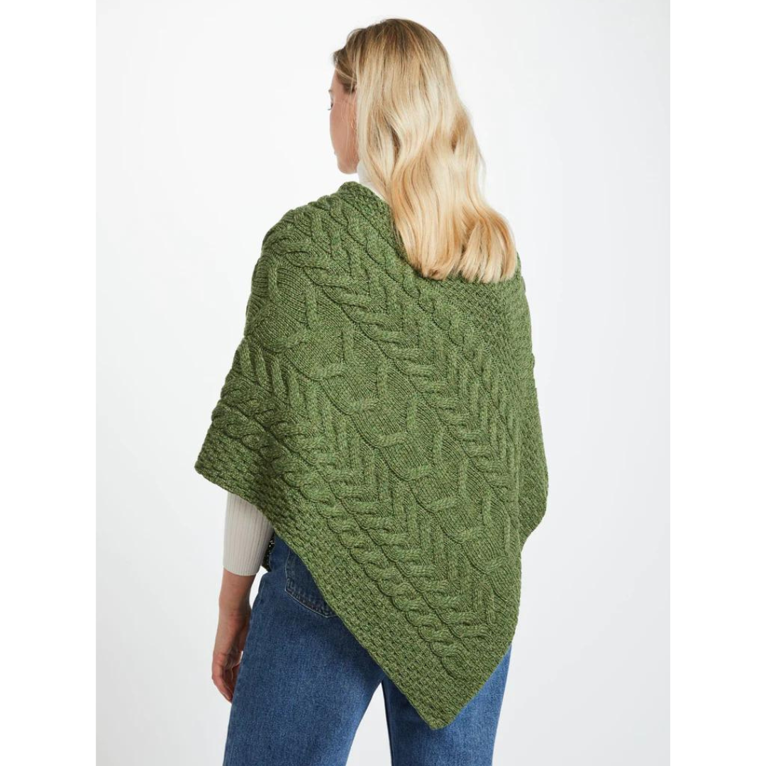 Ladies Aran Cable Knit Triangular Poncho Green