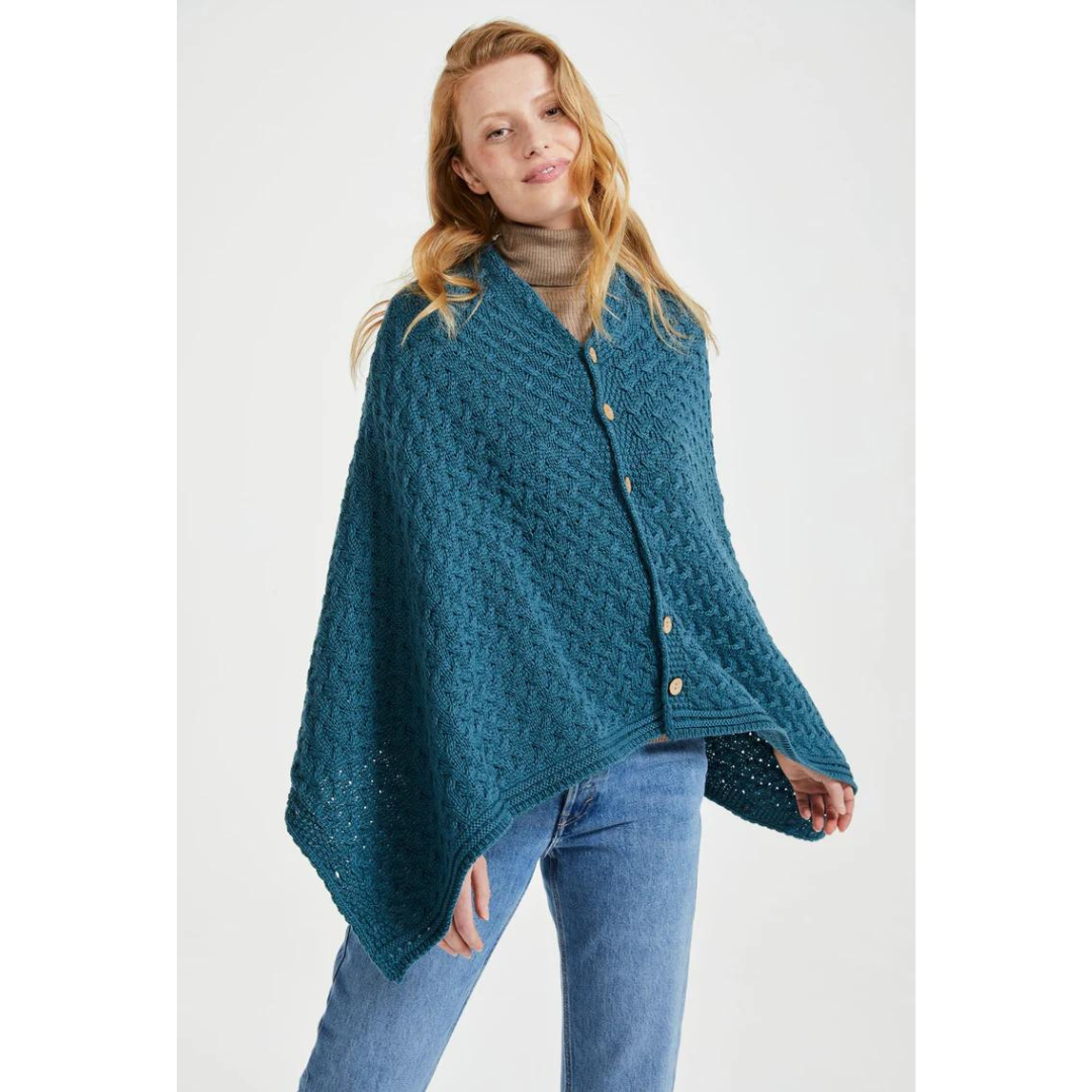 Ladies Aran Super Soft Merino Teal Poncho